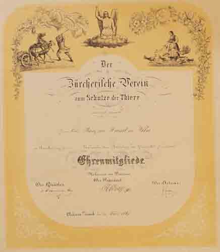 Zürcher Tierschutzverein - Ehremitgliedschaftsurkunde - Franz  Ritter von Heintl