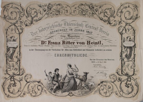 Österreichischer Thierschutz Verein (Wien) - Urkunde für Franz Ritter von Heintl jun.  - 26.04.1866