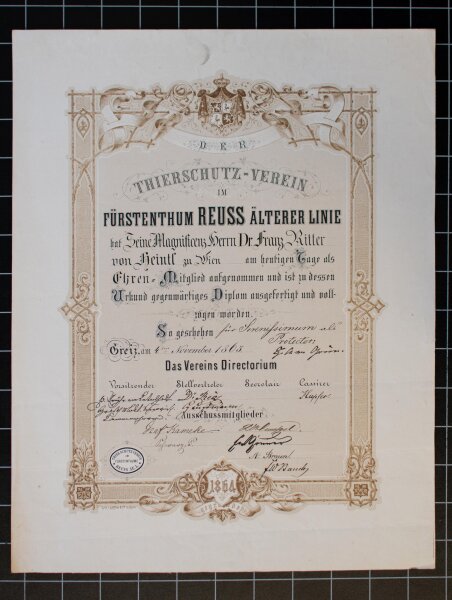 Thierschutz-Verein Reuss Ältere Linie - Urkunde für Franz Xaver Ritter von Heintl jun.  - 04.11.1865