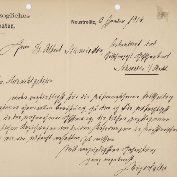 Direktor des Großherz. Hoftheaters Neustrelitz - Brief - 03.01.1914