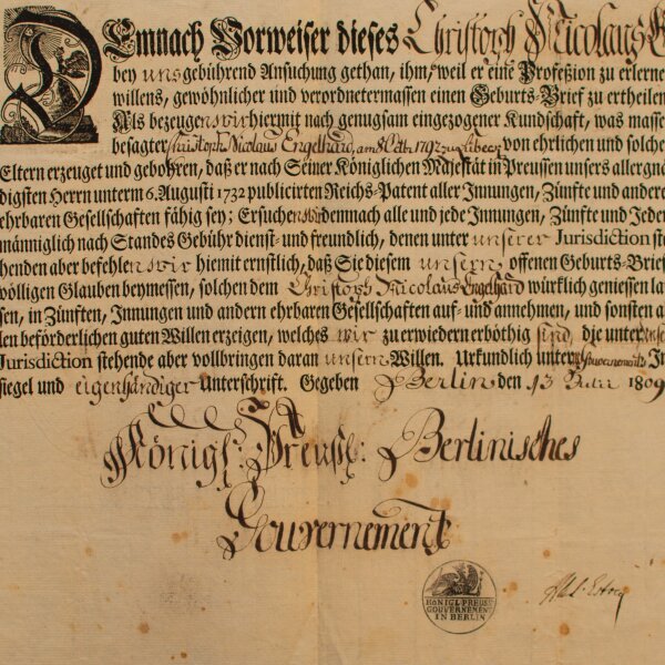 Christoph Nicolaus Engelhard - Geburtsbrief - 13. Juli 1809