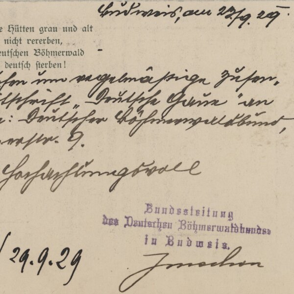 Bundesleitung des Deutschen Böhmerbundes - Karte - 22. September 1929